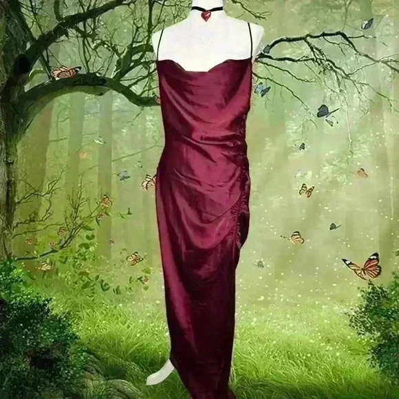 BHLDN DARK BERRY Women's Jennings Ruched Side-Slit Satin Gown - Picture 1 of 12